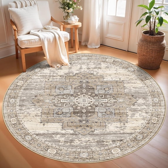 General Washable Round Rug 5ft: Living Room Circle Rugs with Non Slip Rubber Backing Stain Resistant Indoor Carpet for Bedroom Ultra Thin Soft Floor Decor Mat 5ft Beige