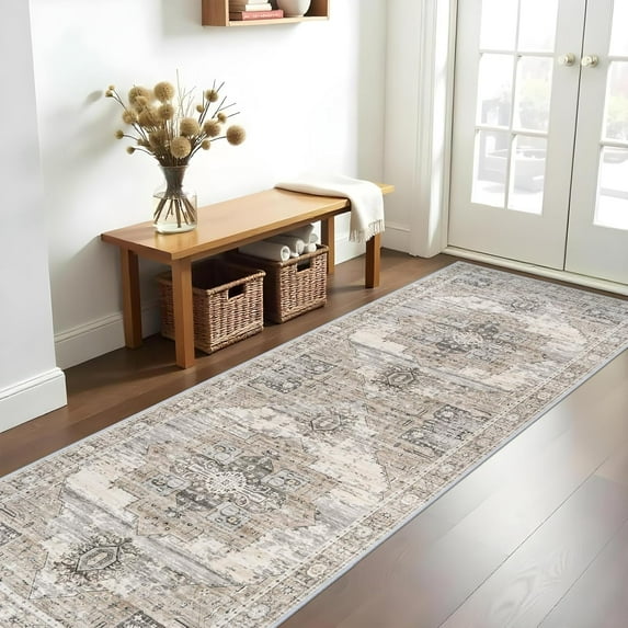 General Washable Runner Rug 3x10 - Vintage Hallway Carpet Runner for Living Room Kitchen Stain Resistant Rugs Tribal Carpets with Non Slip Backing Floor Decoration Mat for Bedroom Bathroom 3x10 Beige