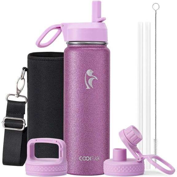 General Water Bottle 24 oz Insulated with Straw, Stainless Steel Metal 3 Lids Water Flask Wide Mouth for Sports or Office, Non-BPA Keep Cold Up to 48 Hrs or Hot Up to 24 Hrs, Glitter Pink