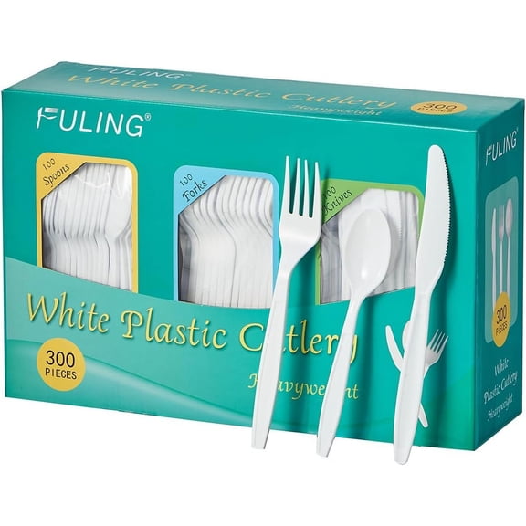 General White Plastic Forks Spoons Knives Heavyweight Utensils Disposable Silverware Heavy Duty Cutlery Set [300 Combo Box]