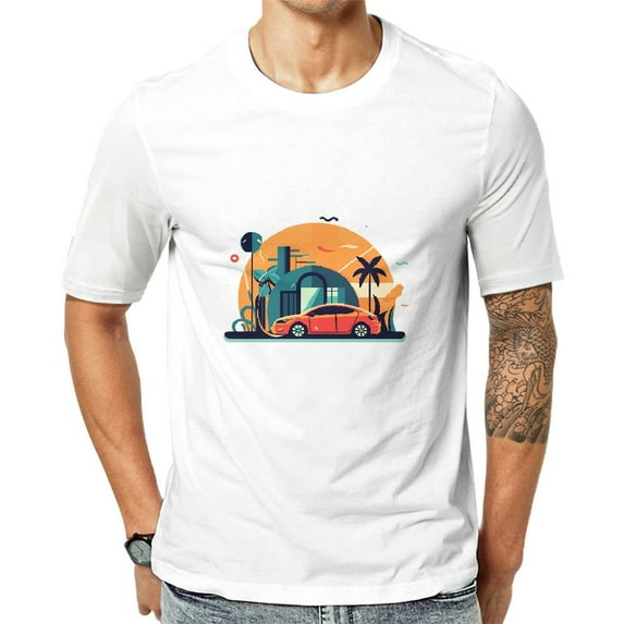 General White T Shirt Boys Modern Rural Car with Coconut Tree Cartoon Pattern White