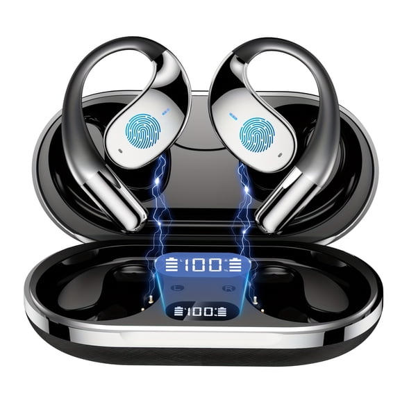 General Wireless Bone Conduction Earbuds, 5.4 Stereo Bass, 40H Playtime, Noise-Cancelling Mic, LED Touch Display, Sports Bluetooth Earbuds for Android iOS Huawei Xiaomi