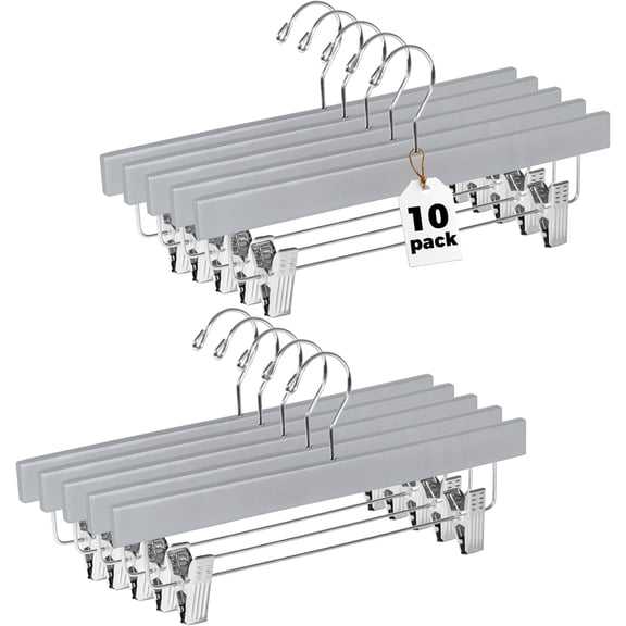 General Wooden Pants Hangers - 10-Pack Swivel Hook Cloth Hanger Set - Lotus Wood Skirt, Pant, Shorts and Slack Hangers with Adjustable Clip – Gray Clothing Hanger (Gray, 10)