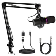 General XLR/USB Dynamic Microphone Kit, RGB Podcast Mic with Software, Mute, Gain Knob, Volume Control, Boom Arm for Streaming, Gaming, Voice-Over, Recording- Black