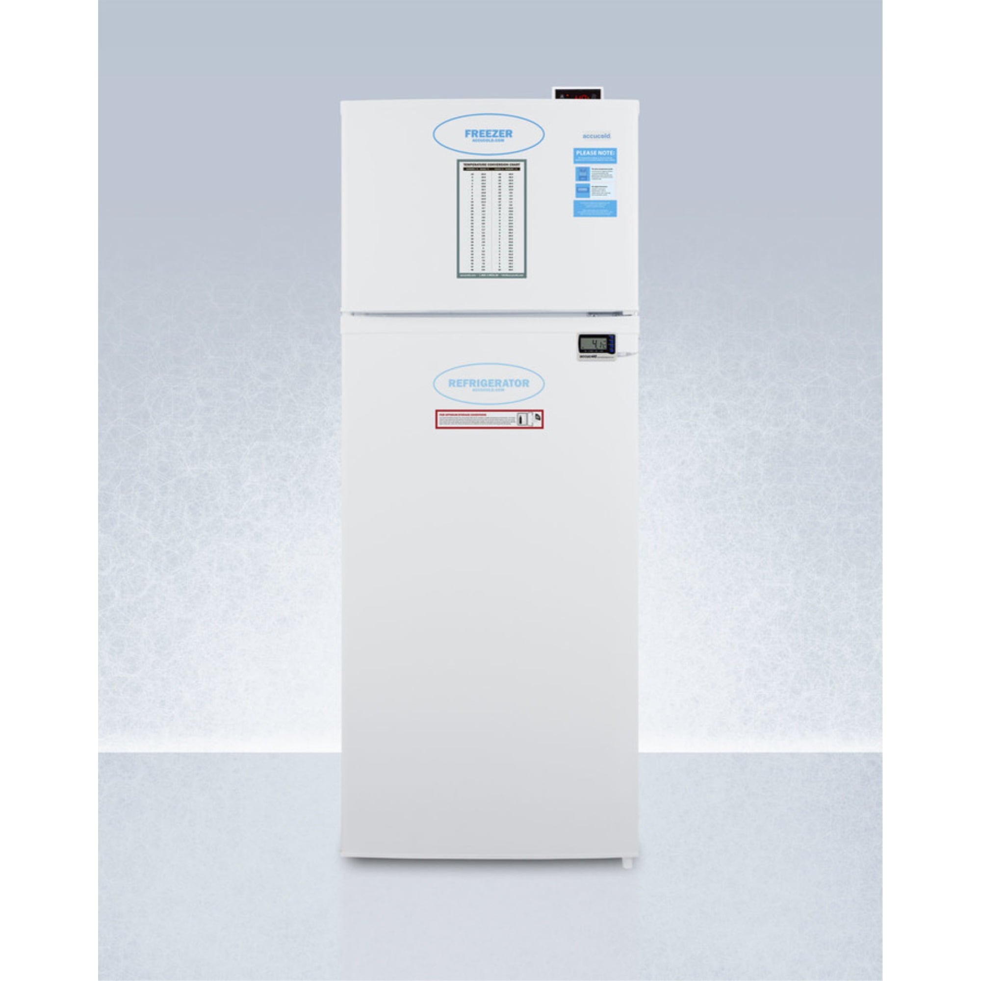 General purpose refrigerator-freezer with digital controls, internal fan, alarm/thermometer, and 2-8C refrigerator section