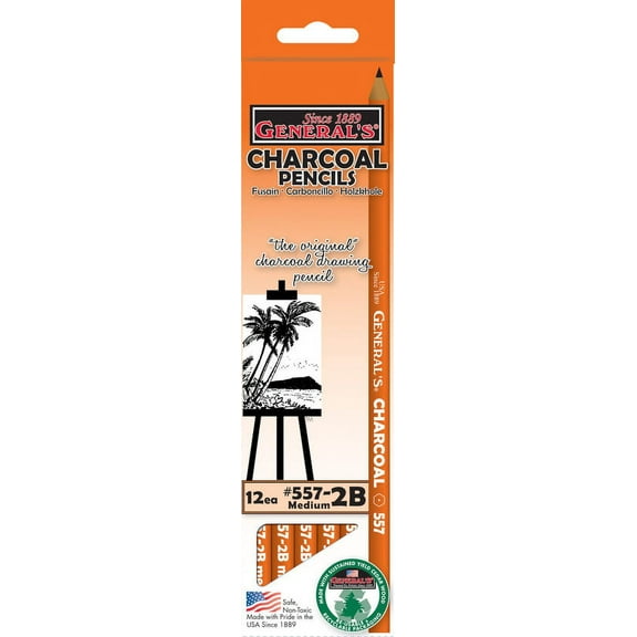 General's Extra Smooth Non-Toxic Charcoal Pencil, 2B Tip, Black, Pack of 12