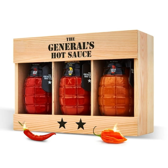 The General's Hot Sauce Wood Box Gift Set with Cayenne and Habanero Pepper Hot Sauces, 3-Pack (6 oz Bottles)