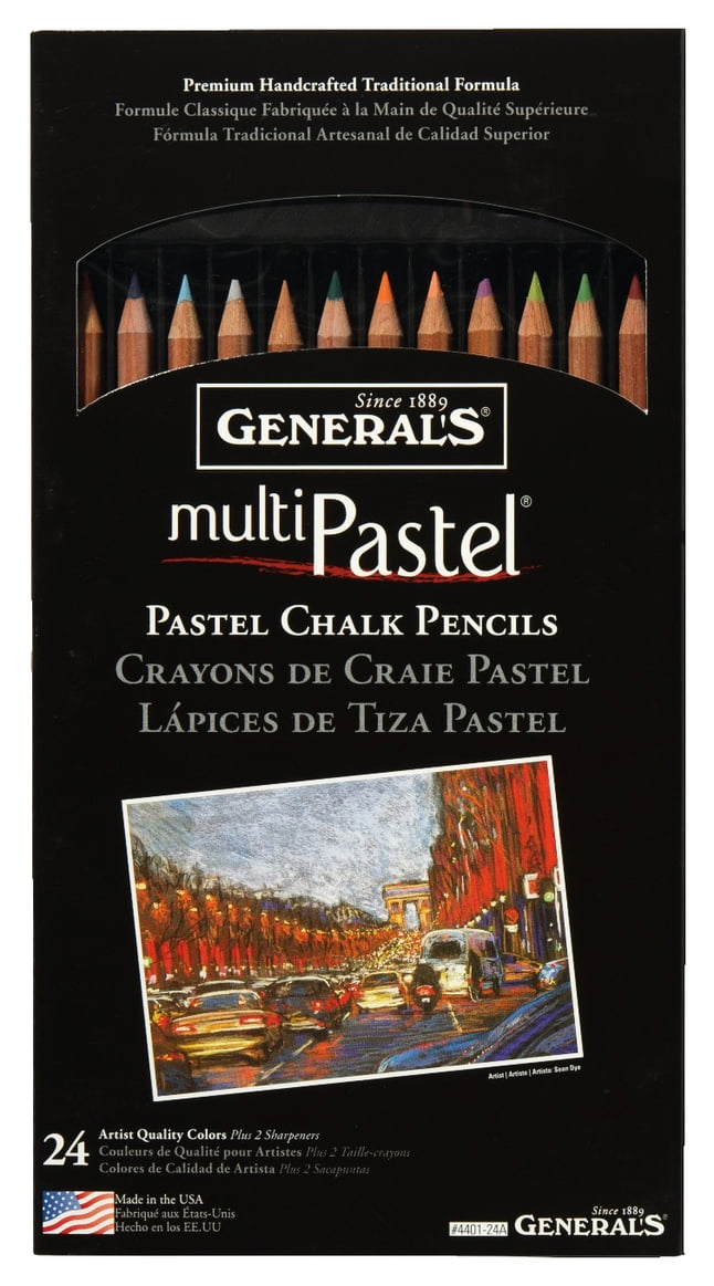 Generals Multi-Pastel Chalk Pencils with Sharpener and Project Booklet, Assorted Colors, Set of 24