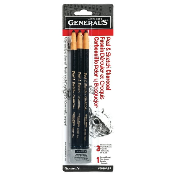 Generals Peel and Sketch Smooth Charcoal Pencils, Black, Set of 3