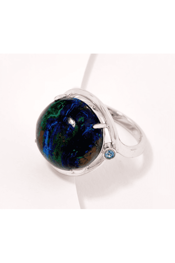 Sterling Silver Round Azurite Cabochon Ring, Size 6