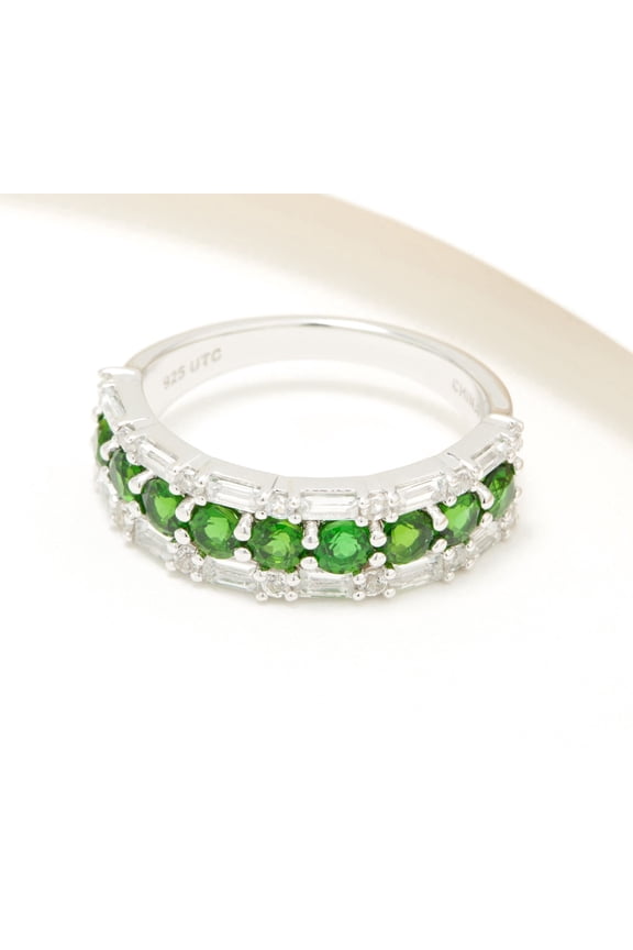 Sterling Silver White Zircon & Chrome Diopside Band Ring, Size 7