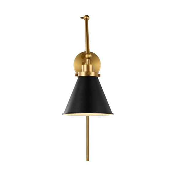 Generation Lighting Wellfleet 7.25 in. W 1-Light Midnight Black/Burnished Brass Double Arm Cone Task Wall Sconce with Steel Shade