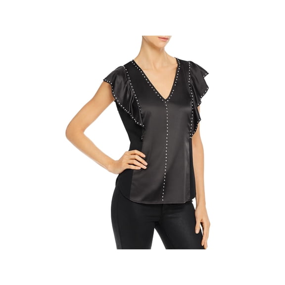 Generation Love Womens Studded Mixed Media Blouse Black XS