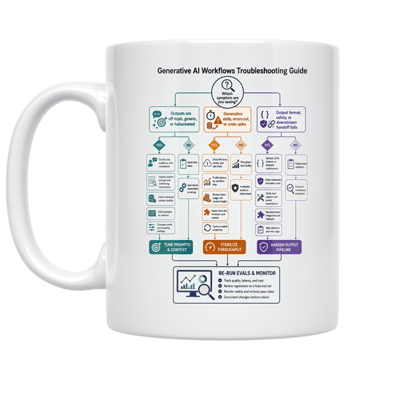 Generative AI Workflows Troubleshooting Guide Mug, AI Practitioners, Tech Teams, and Creative Workflows, 11 oz White Ceramic