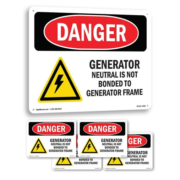 Generator Neutral Is Not Bonded OSHA Danger Rigid Plastic Sign 14 Inch x 10 Inch - 5 Pack