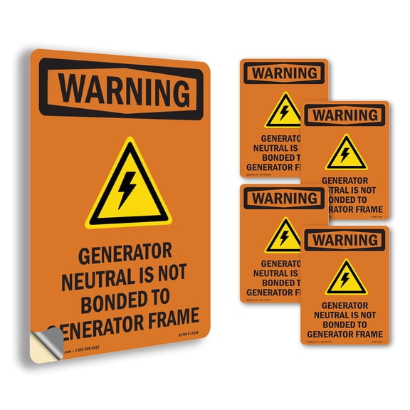 Generator Neutral With Symbol OSHA WARNING Vinyl Decal Label 5 Inch x 3.5 Inch - 5 Pack