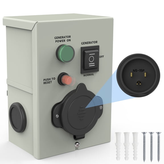 Generator Transfer Switch, 15 Amp 125V Power Inlet Box, Weatherproof Manual Transfer Switcher Power Inlet Box, NEMA 5-15P Inlet Circuit Breaker, Predrilled, ETL Listed
