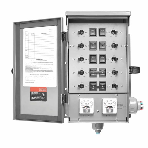 Generator Transfer Switch 50 Amp 10 Circuit Manual Transfer Kit - NEMA 3R Inlet Box - 12500W Compatible - Watt Meter
