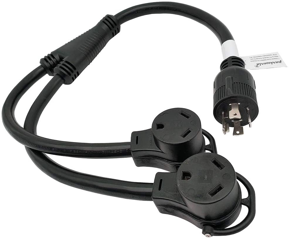 Parkworld 60646 Splitter L14-30P Male to (2) TT-30R Female, Generator Y Adapter Cord 4-Prong 30 AMP Locking Plug to RV 30 AMP 125V Receptacle