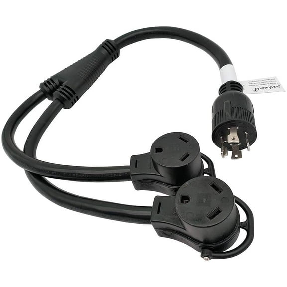 Parkworld 60646 Splitter L14-30P Male to (2) TT-30R Female, Generator Y Adapter Cord 4-Prong 30 AMP Locking Plug to RV 30 AMP 125V Receptacle