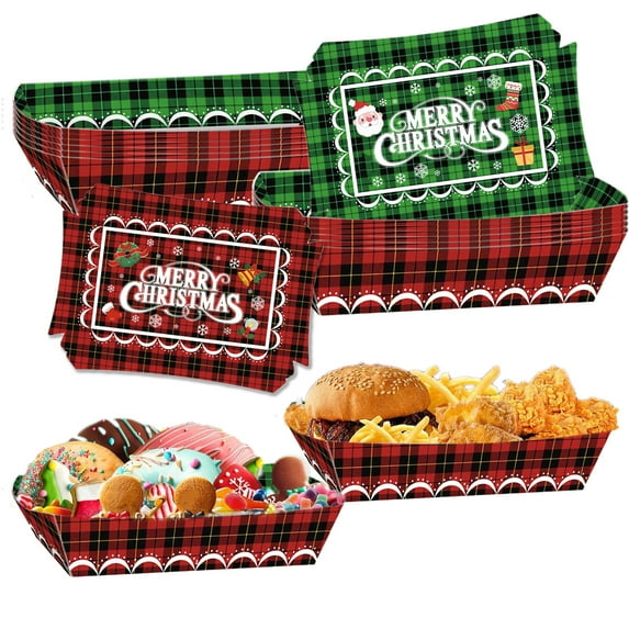 Generic 12 Pack Christmas Paper Food Tray Disposable Corn Chips Tray Paper Boats Tray For Hot Dog Popcorn Tortilla Snack Candy Food Container Party Supplies