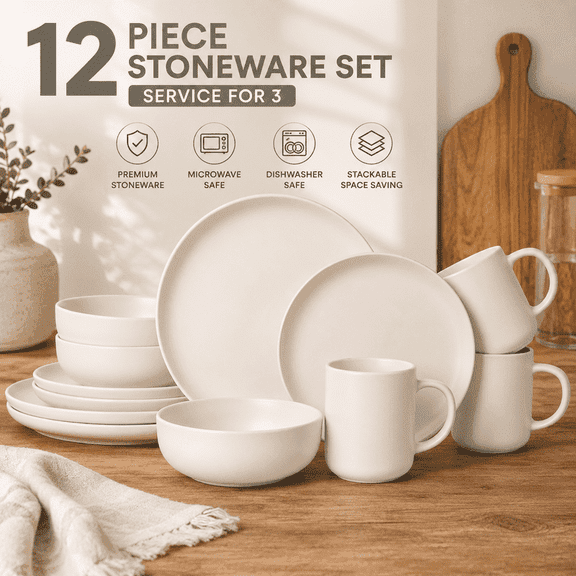 Generic 12-Piece Stoneware Dinnerware Set for 4 Microwave & Dishwasher Safe Plates Bowls Mugs, Non-Toxic Stackable Kitchen Dishes, Matte Glaze white