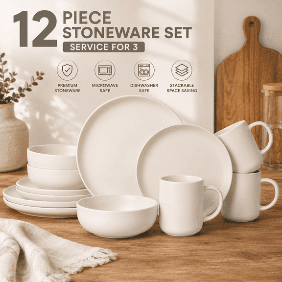 Generic 12-Piece Stoneware Dinnerware Set for 4  Microwave & Dishwasher Safe Plates Bowls Mugs, Non-Toxic Stackable Kitchen Dishes, Matte Glaze white