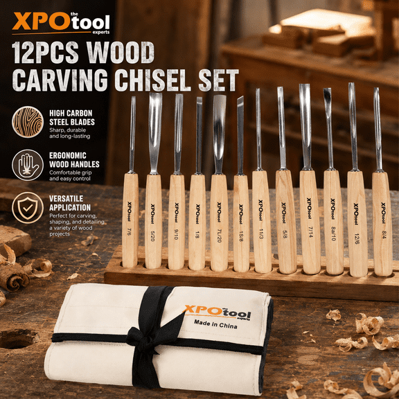 Generic 12-Piece Wood Carving Chisel Set - Razor Sharp 60CRV Steel Woodworking Gouges & Sculpting Tools with Willow Handles & Canvas Bag