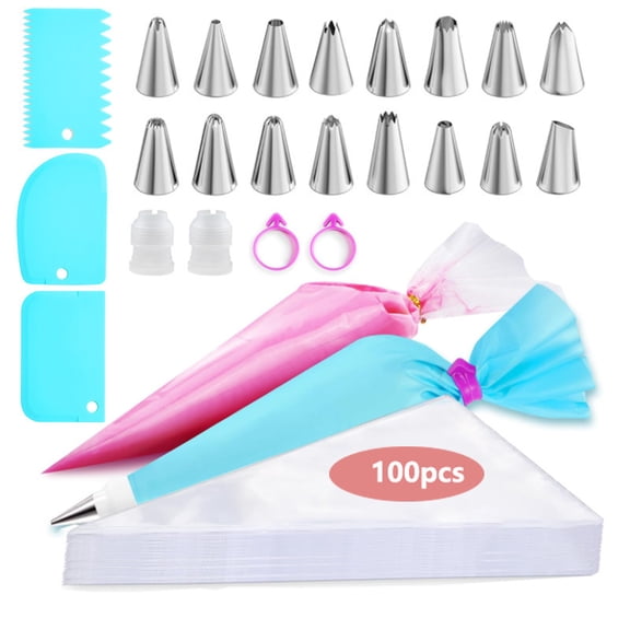 Generic 124Pcs Icing Piping Bags and Tips Set, Cake Decorating Kit with 100 Anti Burst 12 Inch Disposable Piping Bags, 16 Stainless Steel Icing Tips, Reusable Pastry Bag, 3 Scrapers, 2 Couplers, Blue