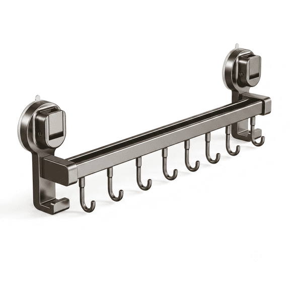Generic Vacuum Suction Kitchen Rail Organizer with 8 Moveable Hooks, Gray