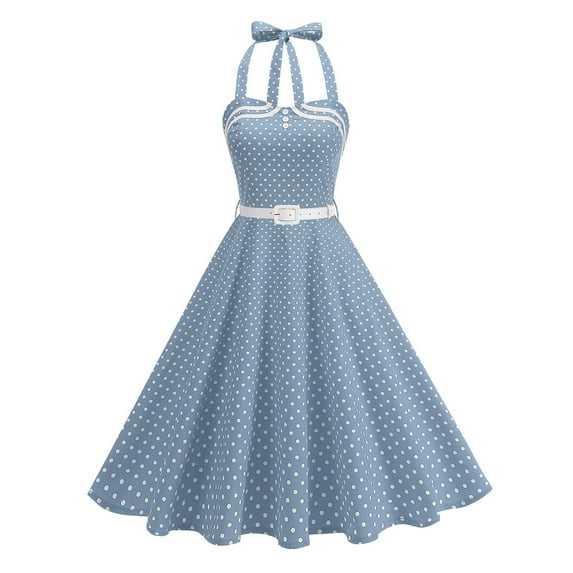 Generic 1950 Style Dresses for Women Vintage 50's Halter Dresses Retro Gingham Polka Dot Pin Up Dresses