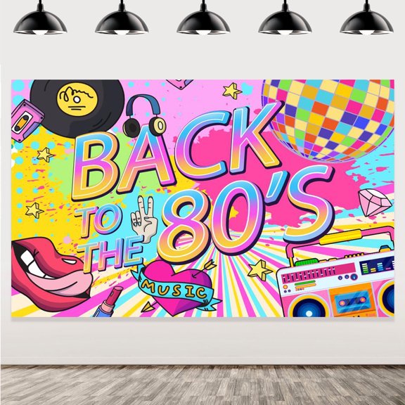 Generic 1980s Party Backdrop, 3.3 x 4.9 ft Colorful Vinyl Retro 80s Background Banner with Corner Grommets and White Ribbon, Neon Music Photo Booth Wall Decor for Birthday Party Celebration Scene Kit