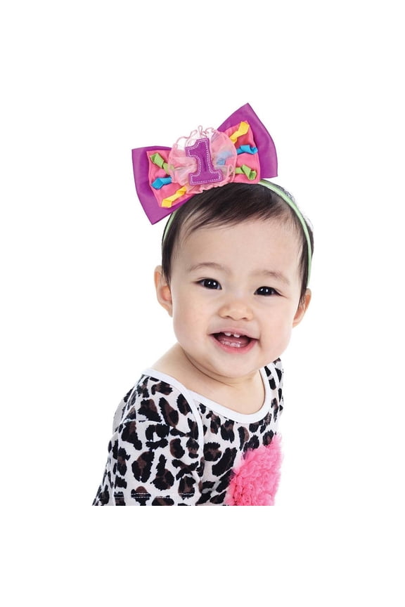 1st Birthday Multicolor Polyester Bow Headband, 1 ct