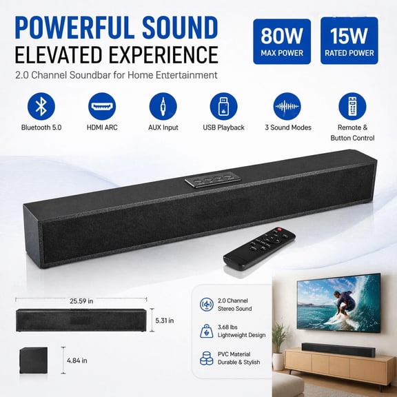 Generic 2.0 Channel Sound Bar for TV - 80W Bluetooth 5.0 Soundbar with HDMI/AUX/USB, 3 Modes Surround for PC/Home Theater, 24 Inch