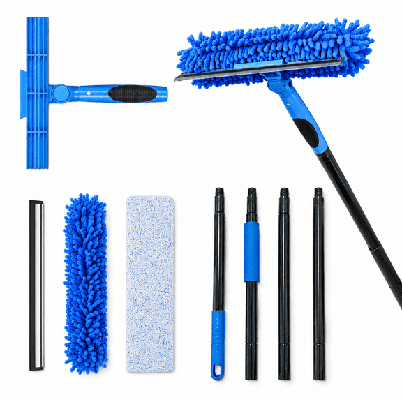 Generic 2-in-1 Window Cleaning Squeegee Kit with Extendable Pole, Microfiber Scrubber Pads, Streak-Free Glass Washer for Windows, Shower Doors, Car Windshield