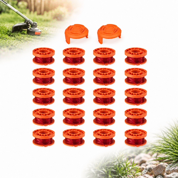 22-Piece Replacement Trimmer Spool Set Compatible with WORX WA0010, 20 Auto Feed Line Spools and 2 Caps, 10 ft x 0.065 in Nylon String