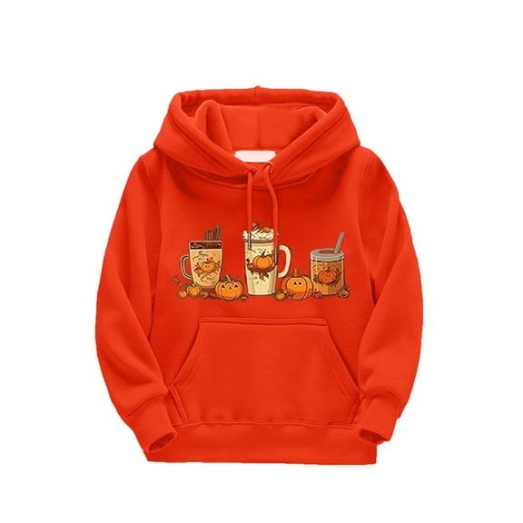 Generic 2024 New Children's Classic Fit Hoodies Boys/Girls Sweater Autumn and Winter Cute Cartoon Pumpkin Beverage Print Long Sleeve Hooded Sweater Party Birthday Halloween(5-6 Years,Orange)