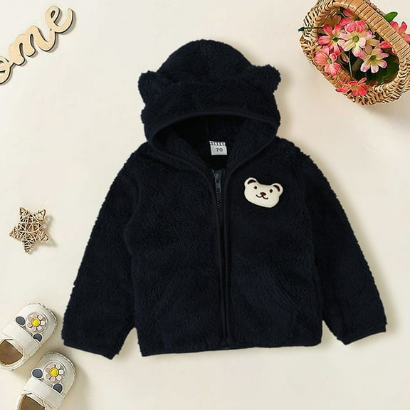 Generic 2024 New Children's Jackets Casual Work Kids Coat Solid Color Long Sleeved Plush Zippered Hood Thickened Cartoon Bear Top Party Birthday School for Fashion Breathable (3-6 Months,BU1)