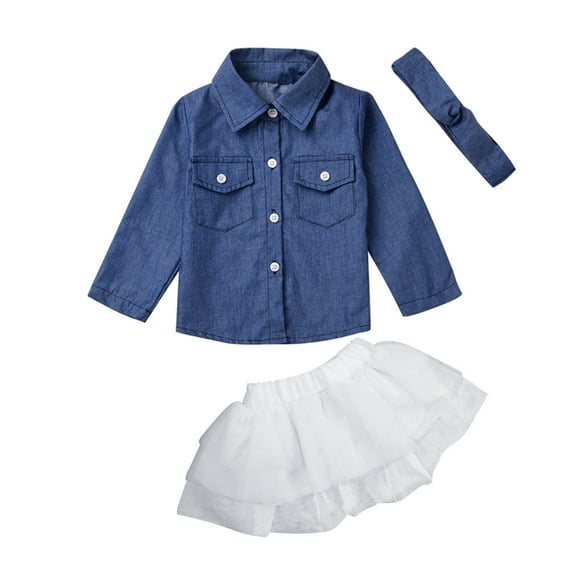 Generic 2024 New Clothing 3PCS Girls Blue Jeans Shirt Princess Tulle Overlay Lace Dress Headband Baby Outfits Set Clothings Set for Fashion Casual Breathable Lightweight (1-2 Years,Blue)