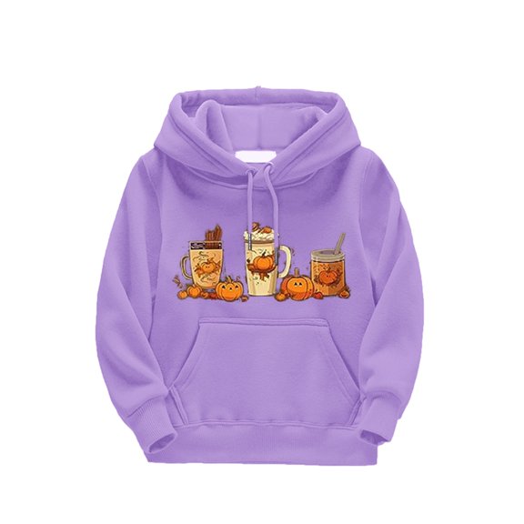 Generic 2024 New Kids Coat for Teen Boys/Girls Sweater Autumn Winter Cute Cartoon Pumpkin Beverage Print Long Sleeve Hooded Sweater Party Birthday Halloween (4-5 Years,Purple)