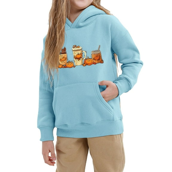 Generic 2024 New Kids Coat for Teen Boys/Girls Sweater Autumn Winter Cute Cartoon Pumpkin Beverage Print Long Sleeve Hooded Sweater Party Birthday Halloween (13-14 Years,Light Blue)