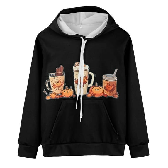 Generic 2024 New Kids Coat for Teen Boys/Girls Sweater Autumn Winter Cute Cartoon Pumpkin Beverage Print Long Sleeve Hooded Sweater Party Birthday Halloween (7-8 Years,Black)
