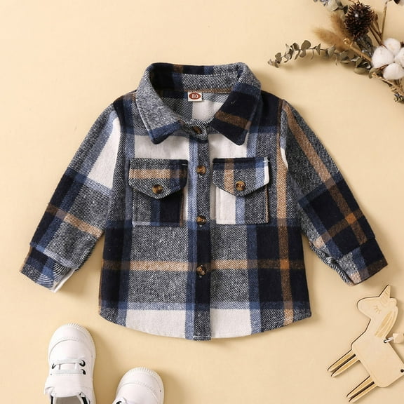 Generic 2024 New Kids Coat Work Toddler Boys Girls Shirt Coats Jacket Plaid Long Sleeve Turn Down Collar Button Tops Outwear for Fashion Casual Breathable Clothing (3-4 Years,Blue)