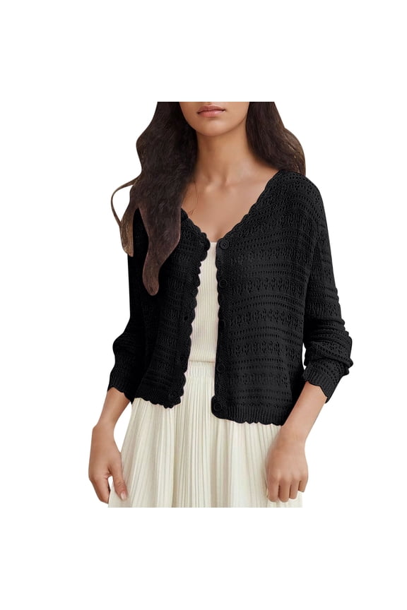 2025 Women's Long Sleeve Crochet Knit Button Down Cardigan Cropped Lightweight Sweaters Tops
