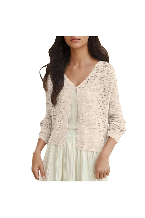 2025 Women's Long Sleeve Crochet Knit Button Down Cardigan Cropped Lightweight Sweaters Tops