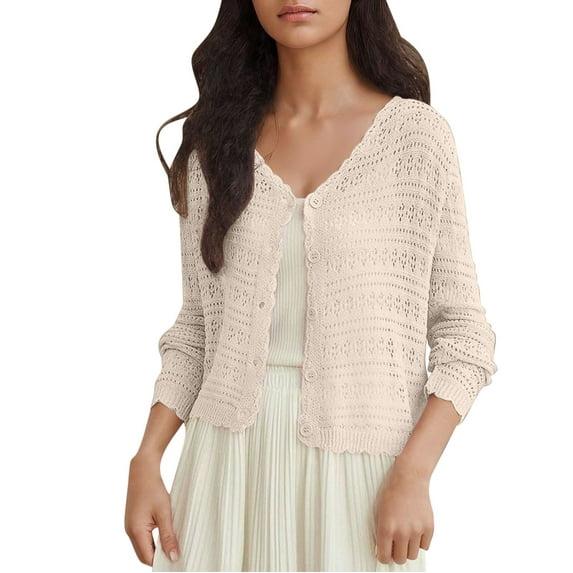 Generic 2025 Women's Long Sleeve Crochet Knit Button Down Cardigan Cropped Lightweight Sweaters Tops