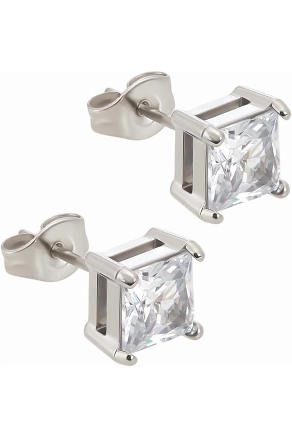 Generic 2Pcs 7x7mm Square Cut Clear Cubic Zirconia Stud Earrings in Stainless Steel Color Clear