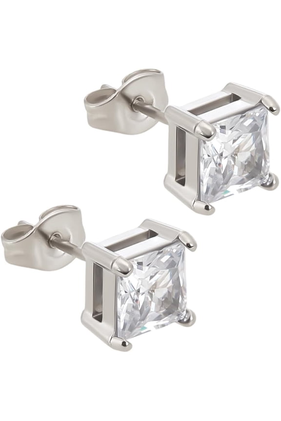 Generic 2Pcs 7x7mm Square Cut Clear Cubic Zirconia Stud Earrings in Stainless Steel Color
