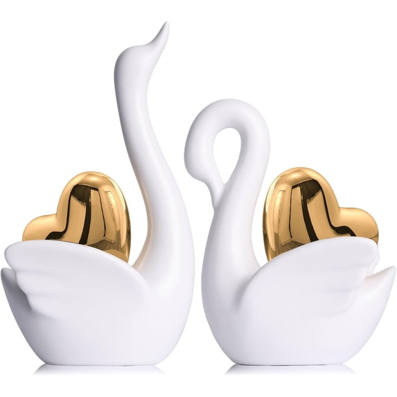Generic 2pcs White Ceramic Swan Couple Figurines,Elegant Swan with Gold Heart Statue,Wedding Gifts for Couples 2025,Mini Couple Statues Gifts for Newlyweds,Bedroom Dresser Shelf Decor Knick Knacks