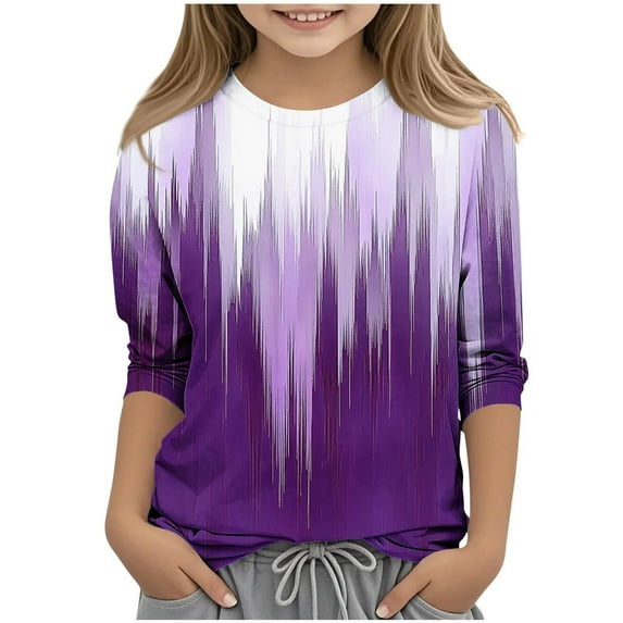 Generic 3/4 Sleeve Shirts for Girls Fashion Cute Tops O Neck Comfy Blouse Loose Fit Casual Tunic Tee for 3-12 Years